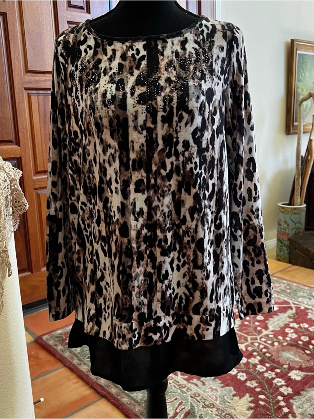 Zenergy By Chicos Womens Tunic Top Small Black Brown Animal Print Embellished
